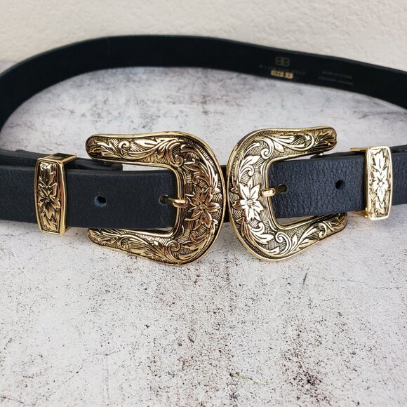 B-Low The Belt Bri Bri Genuine Leather Double-Buckle Western Belt Black /Gold XS - Picture 3 of 9
